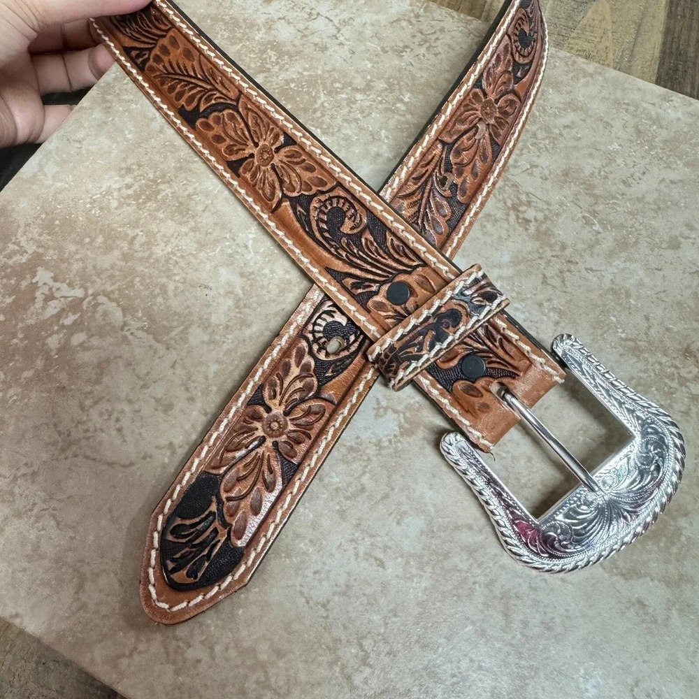 Tony Lama Belt Mens 30 Western Filigree Tooled Floral Leather Cowboy‎ Rodeo Tan